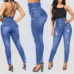 High Waist Jeans Women Straight-Breasted Casual Elastic Hole Woman Solid Color Stretch Large Size Ladies 210708