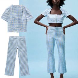 ZA Blue Gingham Cropped Shirt Women Short Sleeve Square Neck Vintage Summer Top Woman Fashion Button Up Plaid Blouse 210602