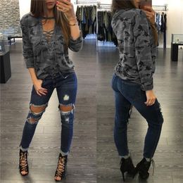 Women Camouflage Sweatshirt V-Neck Hoodies Pullovers Female Long Sleeve Bandage Tracksuits Jumper Tops Sudaderas Mujer 210522