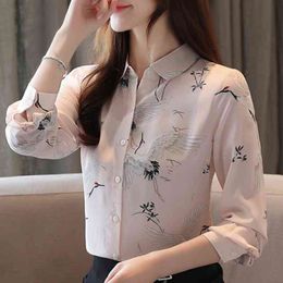 Fashion Woman Blouses Long Sleeve Print Chiffon Blouse Turn Down Collar Office Ladies Tops Womens Tops And Blouses B925 210426