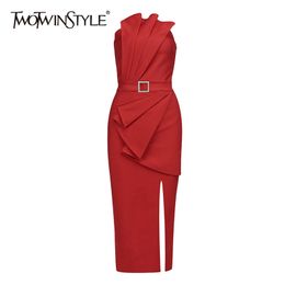 Red Patchwork Ruffle Dress For Women Strapless Sleeveless High Waist Irregular Sashes Sexy Dresses Female Fashion 210520