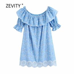 Zevity Women sexy slash neck hollow out embroidery ruffles mini dress Ladies short sleeve pantskirts Chic casual Dresses DS4031 210603