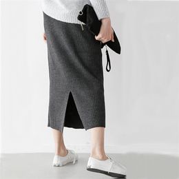 Women Skirts Elastic Autumn Winter Warm Knitted Straight Skirt plus size Mid-Long Skirt Black 211120