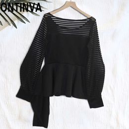 Black Gothic Transparent Latern Sleeve Peplum Tops Blouse Irregular Pleated Ruffles Trim Round Neck Sexy Retro Blusas Shirts Top 210527