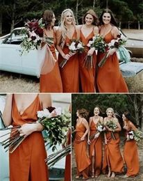 Bridesmaid Dresses Spaghetti Straps Simple A-Line V-Neck Orange Fall With Split African Wedding Guest Gowns M256