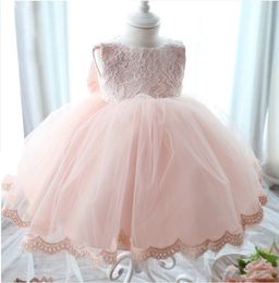 Tea-Length Pink Tulle Lace Pictures Flower Girls Dresses