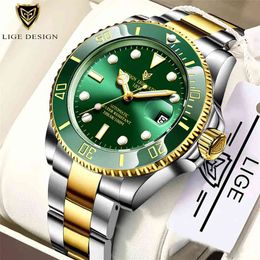 LIGE New Men Mechanical Wristwatch Stainless Steel 100ATM Waterproof Watch Top Brand Luxury Sports Men Watches Reloj Hombre 210329