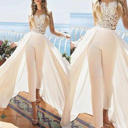 Jumpsuit Wedding Dresses with Detachable Train Ankle Length Jewel Neck Appliques Outfit Bridal Dress Satin Overskirt Bride Gowns