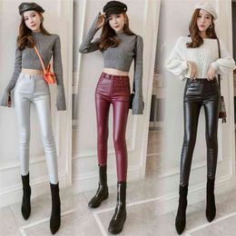 Women Thin Velvet PU Leather Pants Autumn Winter Female Elastic Stretch Skinny Faux Pencil Tight Sexy Trouser 210520