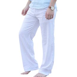 Summer Casual Pants for Men Natural Cotton Linen Trousers Male White Green Lightweight Elastic Waist Straight Loose Beach Pants 210709