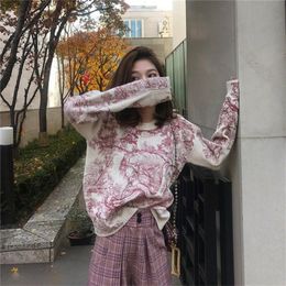 Women's Sweaters Red Animal Printed Knitted Sweater Women 2021 Autumn Winter Clothes O-neck Long Sleeve Loose Casual Pull Femme