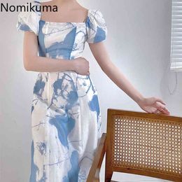 Nomikuma Korean Tie Dye Dresses Women Vintage Square Collar Puff Sleeve Dress High Waist A-line Elegant Vestidos Femme 6H005 210427