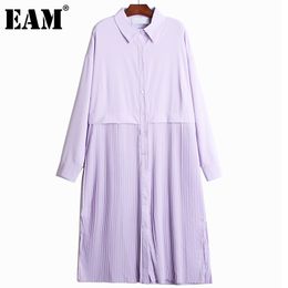 [EAM] Women Yellow Spliced Pleated Mid-Calf Shirt Dress Lapel Long Sleeve Loose Fit Fashion Spring Autumn 1DD8235 210512