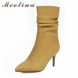Meotina Mid Calf Boots Women Shoes Pointed Toe Stiletto Heels Lady Boots Pleated Slip On Fashion Boots Female Winter Yellow 43 210608