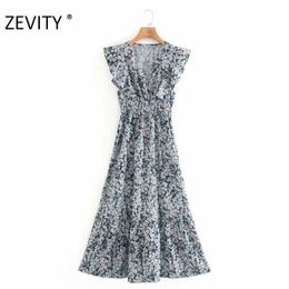 Zevity women elegant v neck flower print elastic waist casual midi dress chic lady sleeveless ruffles a line dresses DS4387 210603