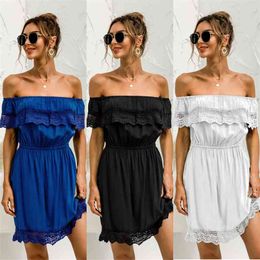 Fashion One-Shoulder Hollow Lace Stitching Sexy Ruffled Dress Women Solid Colour Elastic Waist A-Line Mini Vestidos 210517