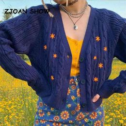 Streetwear Orange Daisy Embroidery Knitted Cardigan Vintage Navy blue Twist Sweater Punk pull Korea Clothes Women Knit kardigan 210429