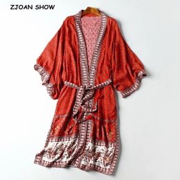 Autumn BOHO V neck Red Floral Print Long Kimono Shirt Tassel Lacing up Sashes Long sleeve Cardigan Holiday Blouse Loose Red 210317