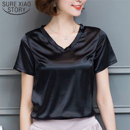 Summer TShirt Sexy V-neck Short Sleeve Shirt Ladies Fashion Clothing Arrival Silk T-shirt Black White Tops 4605 210510