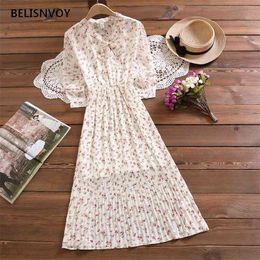 Spring And Autumn Style Floral-print Bow Chiffon Dress Women's French Vintage Base Fairy Immortal 210520
