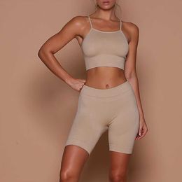 Sports Suit 2 Piece Bra Top Leggings Gym Shorts For FitnClothing Khaki Sportwear SeamlYoga Set Women's Tracksuit 2020 X0629