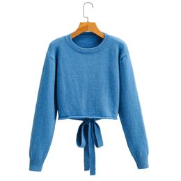 HSA O-Neck Backless Sweater Back Cross Knotted Knitwear Tops Lady Elegant Solid Casual Sexy Woman Jumper 210430
