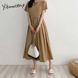 Yitimuceng Long Dresses for Women Fashion High Waist Ruched Draw String Solid Black Khaki Sundress Summer Korean Dress 210601