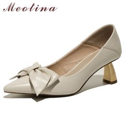 Meotina Shoes Women Genuine Leather High Heel Pumps Pointed Toe Bow Fashion Shoes Strange Style Heels Slip On Dress Footwear 40 210520