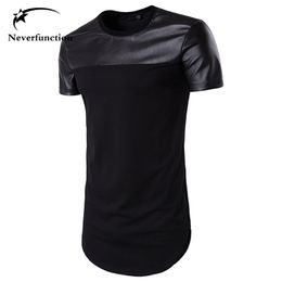 Summer Men Curved hem Casual T-Shirt Men PU Leather stitching Street Swag Hip Hop Cotton Extended tee Short sleeves Men Tshirt 210726