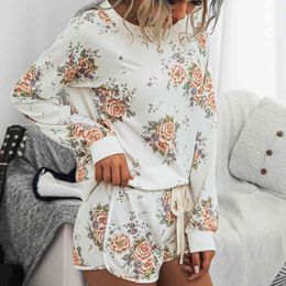Fashion Flowers Printed Casual jumpsuits women Home Comfortable Ladies Suit two piece set Elastic Waist rompers womens jumpsuit 210514