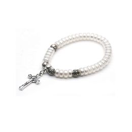Glassess Pearl Cross Bracelet Rose Metal Beads Catholicism Wedding Gift Religious