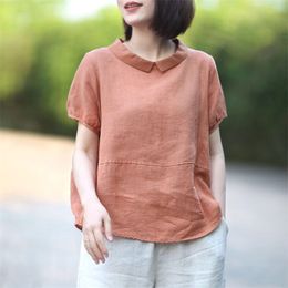 F&je Summer Women Shirt Plus Size Loose Casual Short Sleeve Peter Pan Collar Patchwork linen Tops Vintage Female Blouse Big D6 210719
