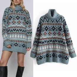 Fall Oversized Christmas Sweater Women Blue Jacquard Turtleneck Long Woman Warm Roll Collar Knit s Winter 210430