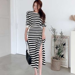 Autumn Winter Striped Knitted Dress Women Long Sleeve Elegant Office Stretchy Casual Ladies Lace-Up Slim Split Dresses 210529