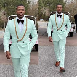 Double Breasted Mint Green Men Suits Wedding Prom Gold Beads Shawl Lapel Costume Homme Terno Masculino Slim Groom Tuxedos Blazer X0909