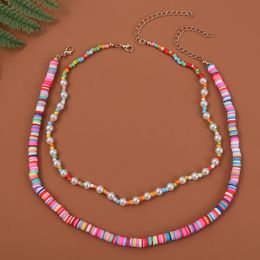 Boho Handmade Beaded Separate Glass Beads White Pearl Necklaces For Women Multicolor Polymer Clay Chokers Necklace