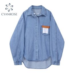 Denim Shirt Women Autumn Spring Single Breasted Pockets Long Sleeve Oversize Street Fashion Cotton Blouse Female Blusas Top 210515