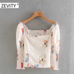 Zevity women vintage square collar puff sleeve print short smock blouse female elastic casual slim shirt chic blusas tops LS7086 210603