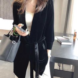 Peonfly Autumn Women's Velvet Blazers Jacket with Sashes Female Notched Outerwear Office Ladies Coat Loose Black Blazer 211019