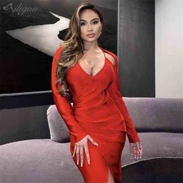 Women's Summer Elegant Long Sleeve Split Red Dangle Midi Bodycon Bandage Dress Sexy Celebrity Party Vestidos 210525