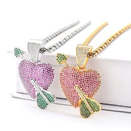18k Gold Cubic Zirconia Angel Arrow Pierced Heart Necklace Jewelry Set Bling Iced Out Love Pendant Hiphop Necklaces Women Men Stainless Steel Chain Dropship
