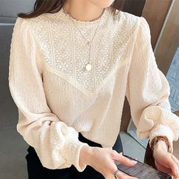 Korean Women Chiffon Blouses Shirts Puff Sleeve Blouse Tops Woman Lace Embroidery Ladies Print Shirt Top Plus Size 210427