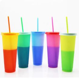 24oz Color Changing Cup Plastic Drinking Tumblers with Lid Straw Reusable Candy Colors Cold Cups Water Bottle