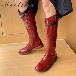 Low Heel Knee High Boots Woman Zip Block Long Buckle Round Toe Ladies Shoes Autumn Winter Beige Size 42 210517