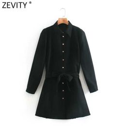 Zevity Women Vintage Single Breasted Long Sleeve Mini Shirt Dress Chic Lady Turn Down Collar Black Vestido Casual Dresses DS4779 210603