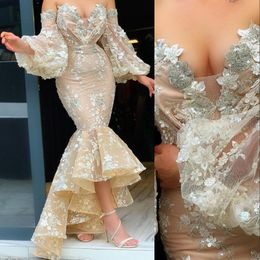 2022 Champagne Evening Dresses Long Poet Sleeves Lace Mermaid African Plus Size Off The Shoulder Beaded Formal Prom Party Gown High Low Vestido 403 403