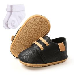 First Walkers Black Baby Casual Shoes Toddler Walker Socks Rubber Sole Leather Children Anti Slip