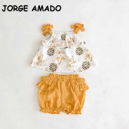 Summer Kids Girls 2-pcs Sets Yellow Flower Bow Sling Vest + Elastic Waist Ruffles Shorts Children Clothes E6006 210610