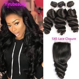 Brazilian Human Hair Extensions Loose Wave Bundles With 5x5 Lace Closure Baby Hairs Natural Colour Yirubeauty