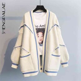 Fashion Spring Autumn V Neck Button Casual Loose Knit Cardigan Women Long Sleeve Letter Aplice 210427